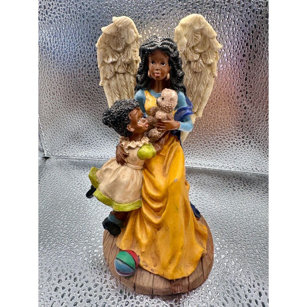 Vintage 6" African American Guardian Angel Figurine Child Teddy Bear Black Resin